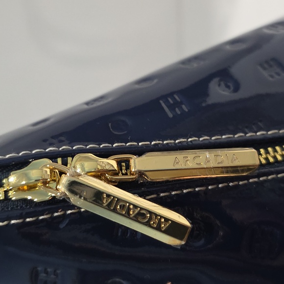 NWT ✅ ARCADIA Top Handles Patent Leather Dome Satchel BLUE / TAN +Dust Bag & COA - Picture 11 of 13